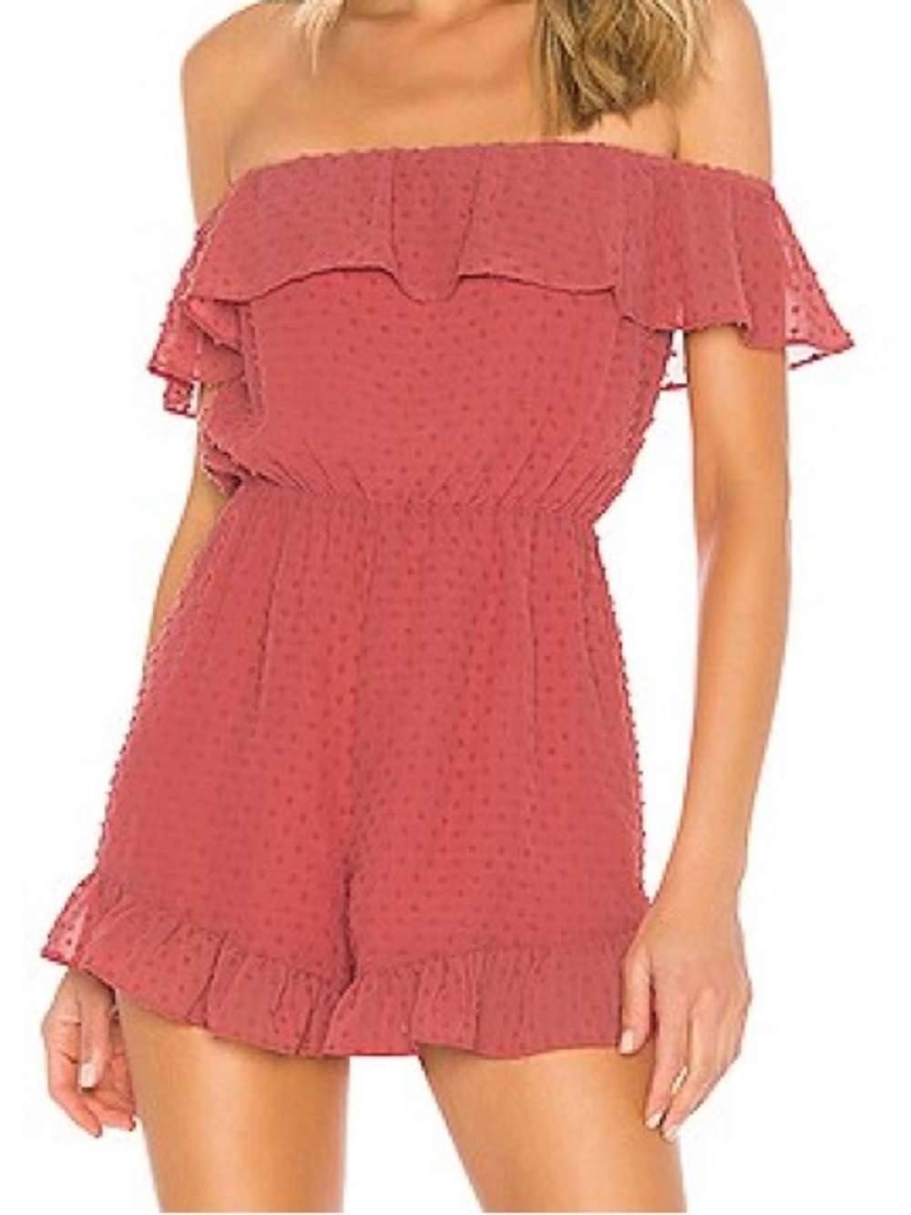 Lovers + Friends Quincy Swiss Dot Off-the-Shoulder Romper with Ruffles